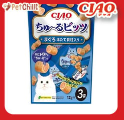 CIAO CIAO 貓零食 日本軟心零食粒 扇貝及吞拿魚味 12g 3袋入 12g 正面圖