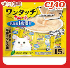 CIAO CIAO 貓零食 日本 One Touch 1兆個乳酸菌肉泥杯 雞肉扇貝味 13g 15個入 13g 正面圖