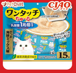 CIAO CIAO 貓零食 日本 One Touch 1兆個乳酸菌肉泥杯 鰹魚海鮮味 13g 15個入 13g 正面圖