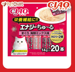 CIAO CIAO 肉泥 貓零食 2倍強化 高能量金槍魚海鮮混合味 14g 20本袋裝 14g 正面圖