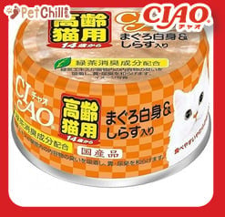 CIAO CIAO 貓罐頭 肉泥貓罐頭 高齡貓 14歲以上 白身金槍魚+白飯魚 75g 75g 正面圖