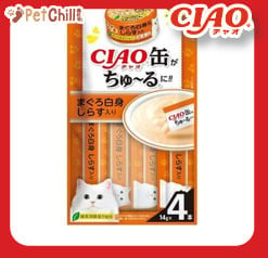 CIAO CIAO 肉泥 貓零食 缶之系列 白身金槍魚+白飯魚 14g 4本入 14g 正面圖