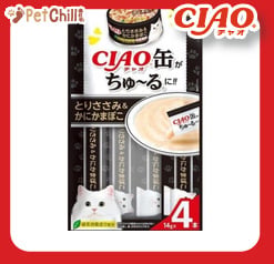 CIAO CIAO 肉泥 貓零食 缶之系列 雞肉+蟹肉棒 14g 4本入 14g 正面圖