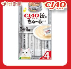 CIAO CIAO 肉泥 貓零食 缶之系列 鰹魚+扇貝 14g 4本入 14g 正面圖