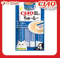 CIAO CIAO 肉泥 貓零食 缶之系列 鰹魚+鰹魚乾 14g 4本入 14g 正面圖