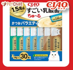 CIAO CIAO 肉泥 貓零食 1.5萬億乳酸菌 鰹魚+鰹魚乾肉醬 14g 30本入 14g 正面圖