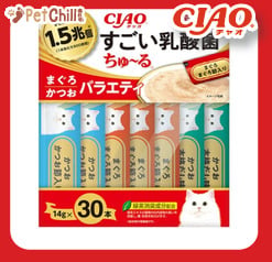 CIAO CIAO 肉泥 貓零食 1.5萬億乳酸菌 金槍魚+鰹魚肉醬 14g 30本入 14g 正面圖