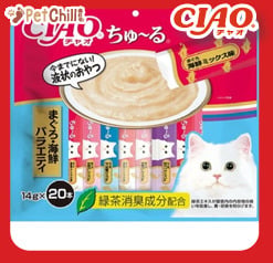 CIAO CIAO 肉泥 貓零食 金槍魚海鮮混合肉醬 14g 20本袋裝 14g 正面圖
