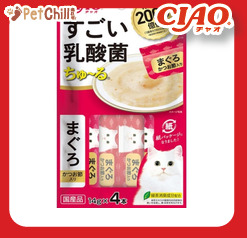 CIAO CIAO 肉泥 貓零食 2000億個乳酸菌 鰹魚乾+金槍魚肉醬 14g 4本入 14g 正面圖