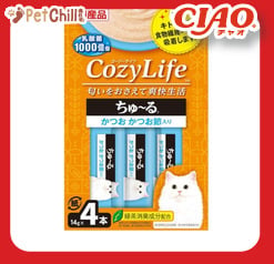 CIAO CIAO 肉泥 貓零食 CozyLife系列 鰹魚乾+鰹魚肉醬 14g 4本入 14g 正面圖