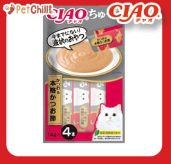 CIAO CIAO 肉泥 貓零食 鰹魚乾+鰹魚肉醬 14g 4本入 14g 正面圖