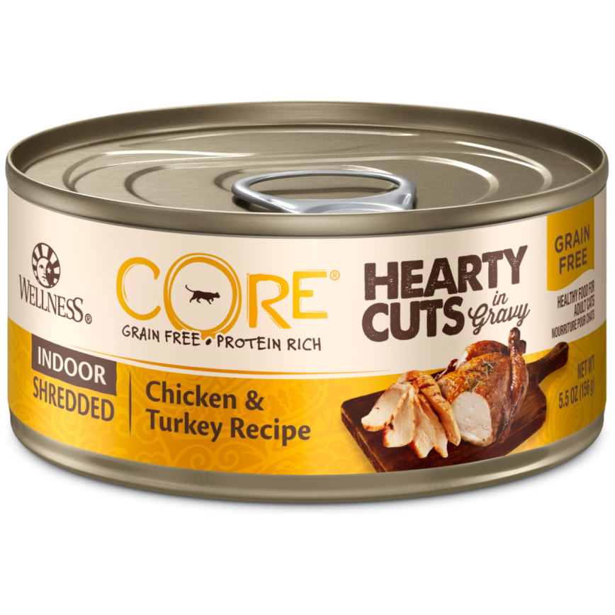 WELLNESS WELLNESS CORE 貓罐頭 無穀物 Hearty Cuts 室內貓配方 雞肉及火雞 5.5oz 156g 5oz 正面圖