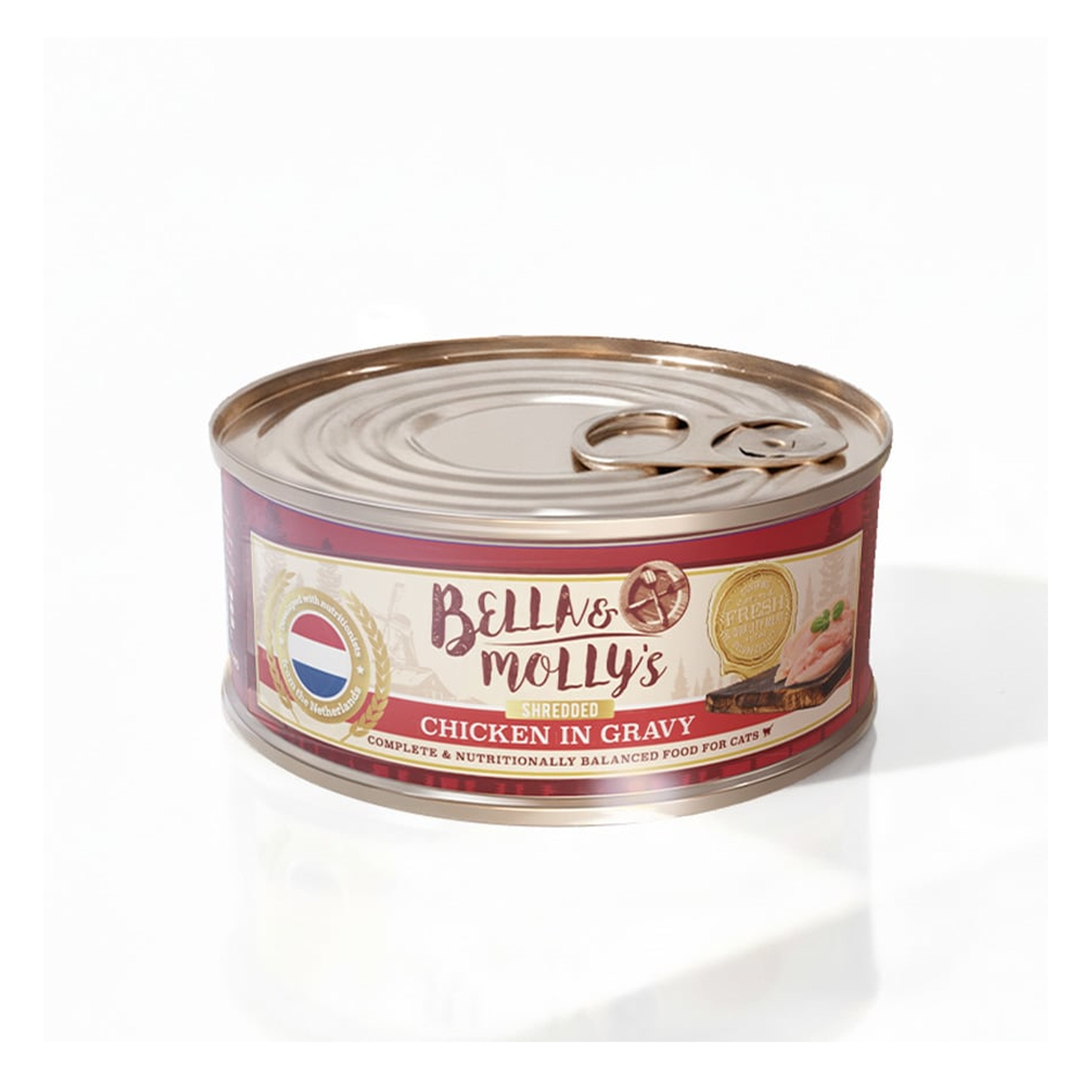Bella & Molly's Bella & Molly's 荷蘭罐 貓罐頭 AAFCO 主食罐 低脂配方 雞絲肉汁 156g 156g 正面圖
