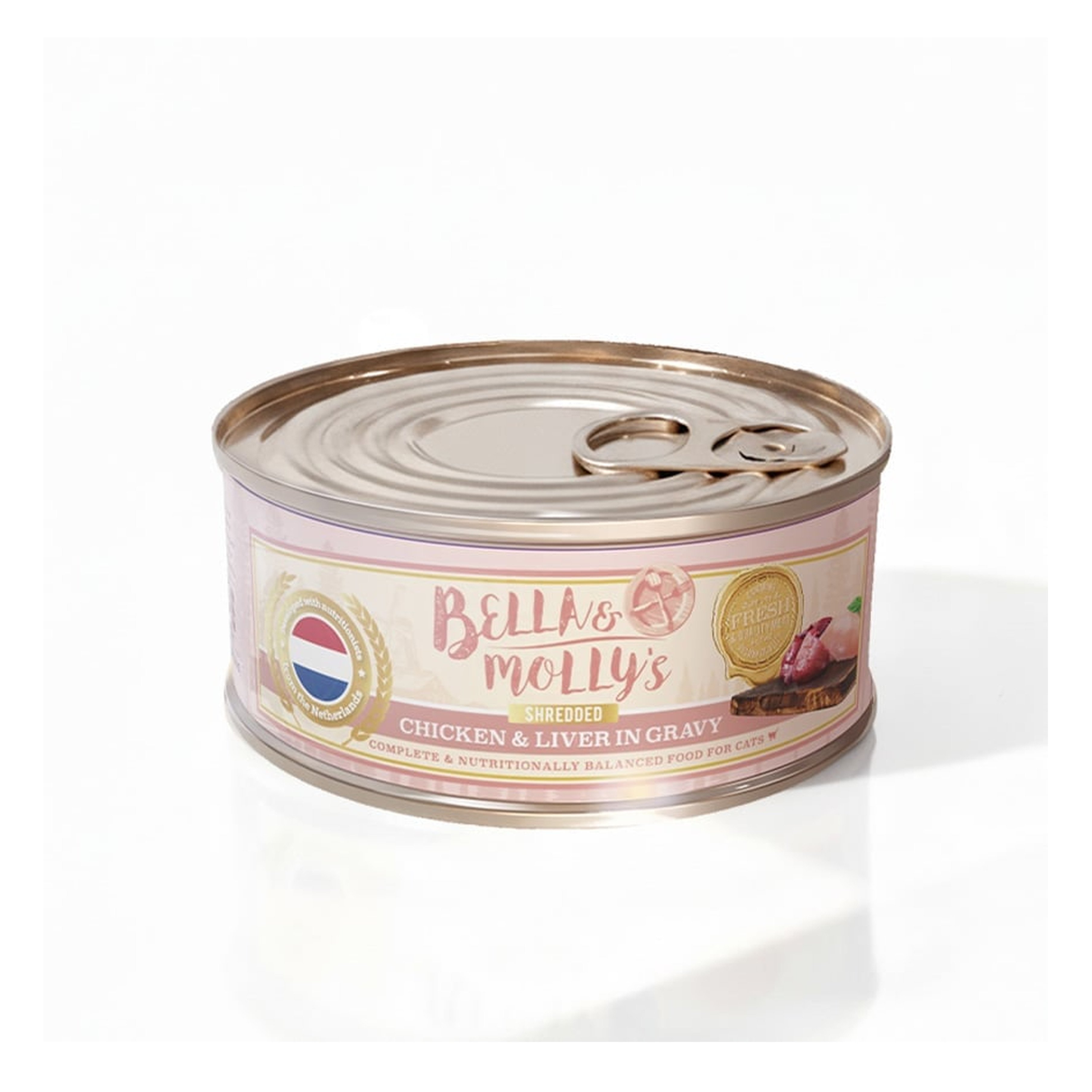 Bella & Molly's Bella & Molly's 荷蘭罐 貓罐頭 AAFCO 主食罐 挑咀配方 雞肝及雞絲肉汁 156g 156g  正面圖