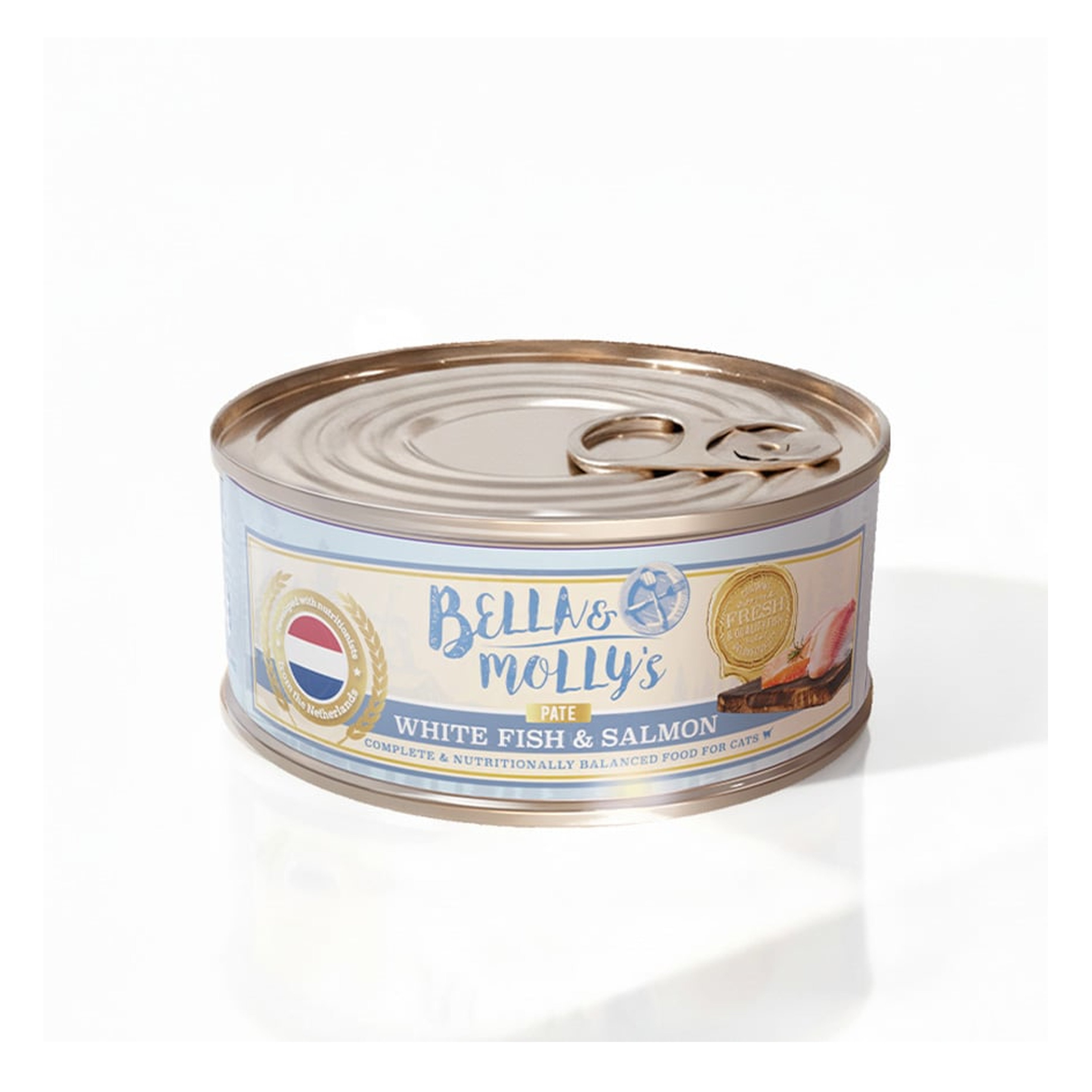 Bella & Molly's Bella & Molly's 荷蘭罐 貓罐頭 AAFCO 主食罐 美毛配方 白魚及三文魚肉醬 156g 156g  正面圖