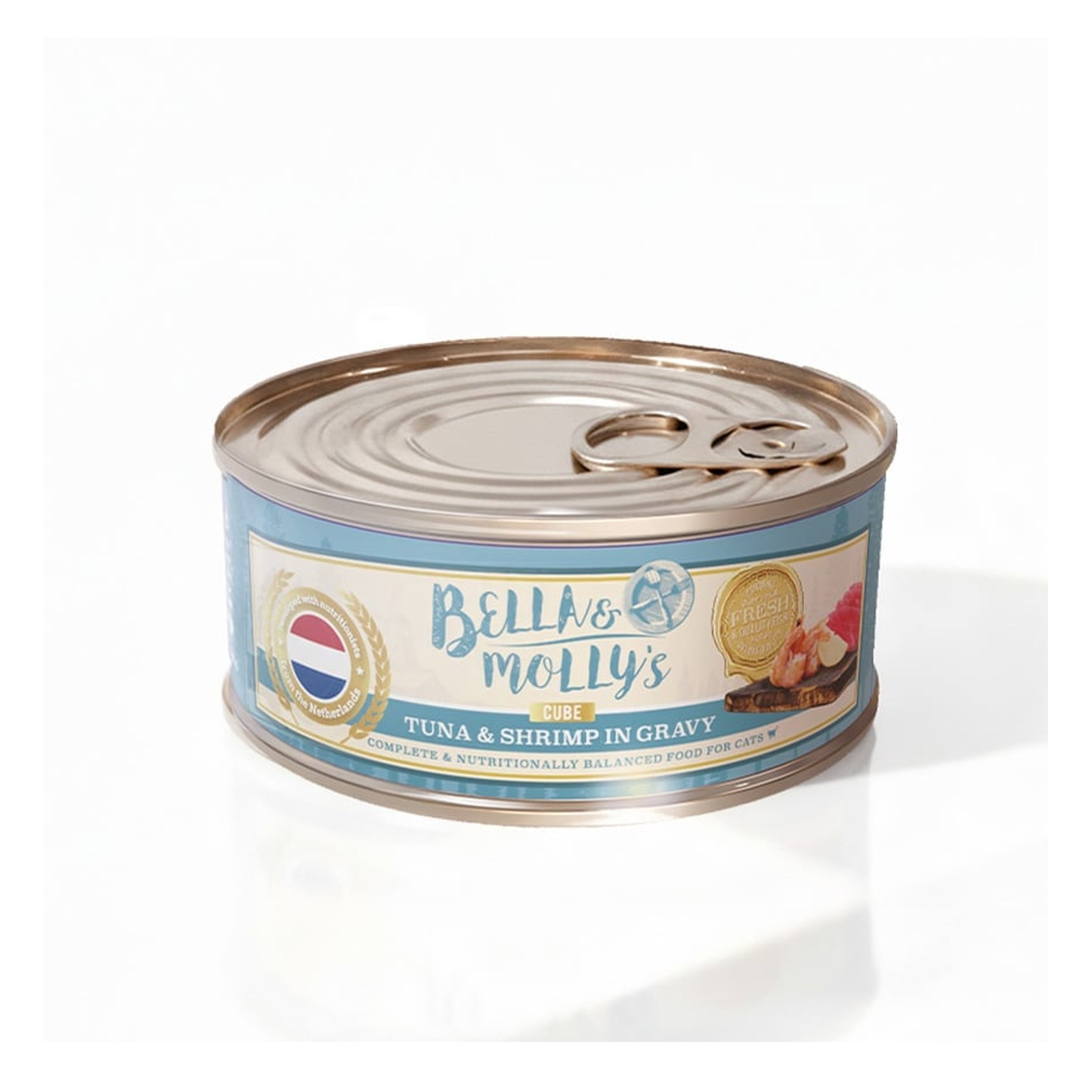 Bella & Molly's Bella & Molly's 荷蘭罐 貓罐頭 AAFCO 主食罐 關節健康 蝦肉及吞拿魚肉塊 156g 156g  正面圖