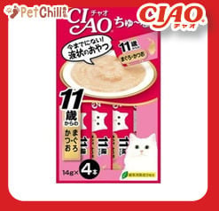CIAO CIAO 肉泥 貓零食 11歲以上 金槍魚鰹魚肉醬 14g 4本入 14g  正面圖
