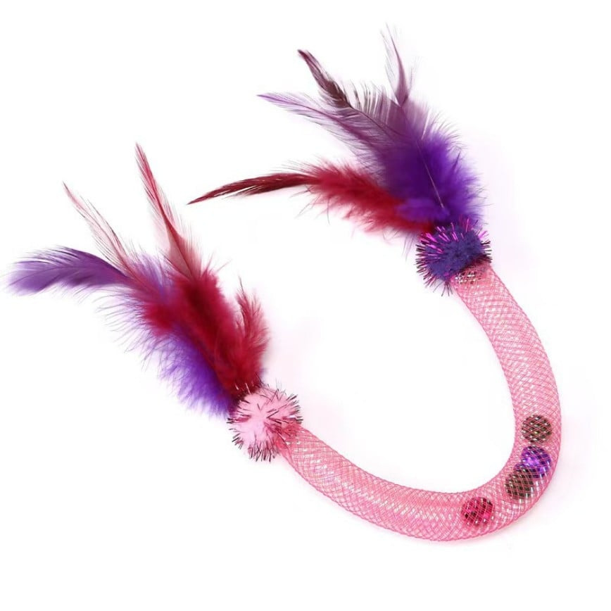 Cat Toy Feather Mesh Tube Teaser Wand Orange/Yellow/Pink (Random Color) 貓玩具 逗貓棒 寵物用品速遞