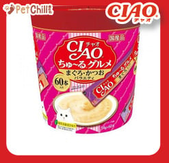 CIAO CIAO 肉泥 貓零食 金槍魚・鰹魚肉醬 14g 60本罐裝 14g 正面圖