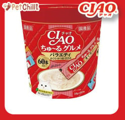 CIAO CIAO 肉泥 貓零食 吞拿魚.鰹魚雞肉肉醬 14g 60本罐裝 14g 正面圖