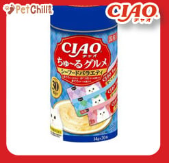 CIAO CIAO 肉泥 貓零食 混合海鮮肉醬 14g 30本罐裝 14g 正面圖