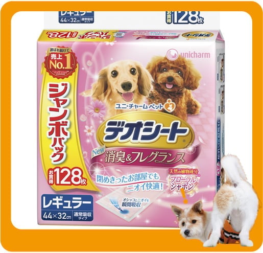 Unicharm Unicharm 狗尿墊 狗尿片 日本柔軟香氛超除臭增量裝 粉紅花香味 寵物尿墊 [44*32 XL碼 128枚]   正面圖