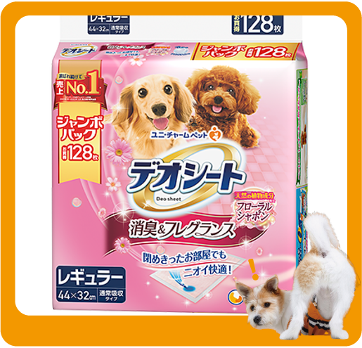 Unicharm Unicharm 狗尿墊 狗尿片 日本柔軟香氛超除臭增量裝 粉紅花香味 寵物尿墊 [44*32 XL碼 128枚]   背面圖