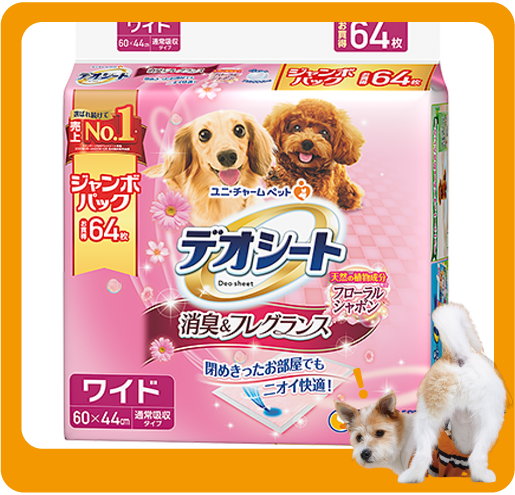 Unicharm Unicharm 狗尿墊 狗尿片 日本柔軟香氛超除臭 粉紅花香味 寵物尿墊 [60*44 XL碼 64枚]   正面圖