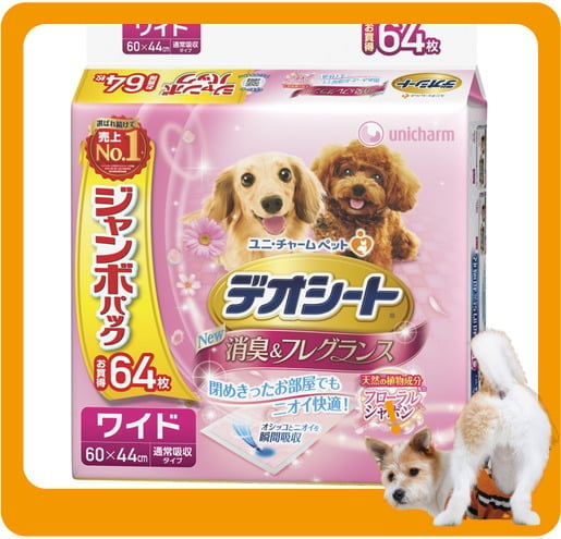 Unicharm Unicharm 狗尿墊 狗尿片 日本柔軟香氛超除臭 粉紅花香味 寵物尿墊 [60*44 XL碼 64枚]   背面圖