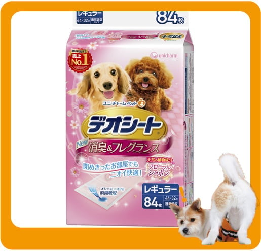 Unicharm Unicharm 狗尿墊 狗尿片 日本柔軟香氛超除臭 粉紅花香味 寵物尿墊 [44*32 XL碼 84枚]   正面圖