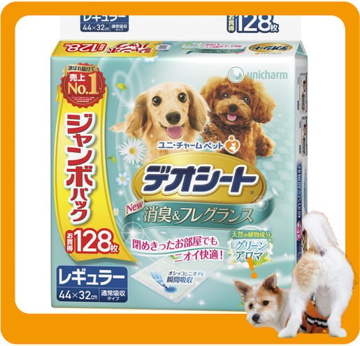 Unicharm Unicharm 寵物尿墊 狗尿墊 狗尿片 日本柔軟香氛超除臭增量裝 田園清香味 寵物尿墊 [44*32 L碼 128枚]   正面圖