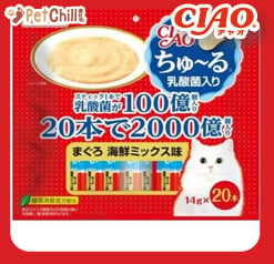 CIAO CIAO 肉泥 貓零食 健腸乳酸菌金槍魚扇貝鰹魚肉醬 14g 20本袋裝 14g 正面圖