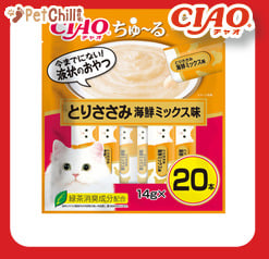 CIAO CIAO 肉泥 貓零食 雞肉及什錦海鮮肉醬 14g 20本袋裝 14g 正面圖